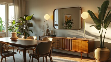 Mid-century modern dining room featuring a sleek dining table, retro chairs, a chic sideboard, and...