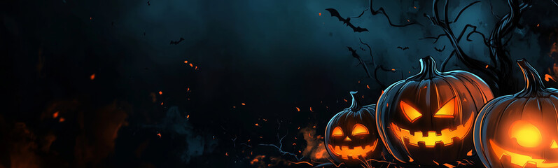 A long, narrow, wide Halloween theme banner with scary jack o lantern pumpkins and flying bats on a dark night background. Room for text, suitable for a web banner or header, copy space. 