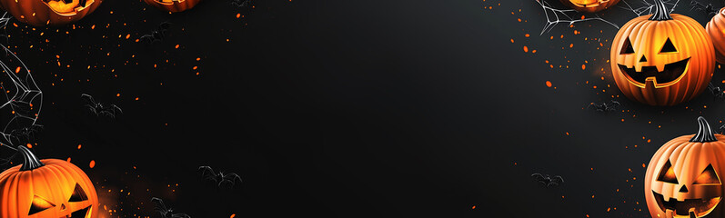 A long, narrow, wide Halloween theme banner with scary jack o lantern pumpkins on a black background. Plenty of room for text, suitable for a web banner or header background, copy space.