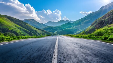 Naklejka premium Asphalt Road Leading Through Lush Mountain Landscape