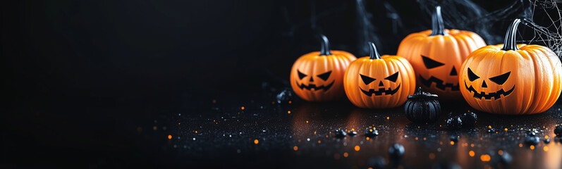 A long, narrow, wide Halloween theme banner with jack o lantern pumpkins on a black background. Lots of room for text, suitable for a web banner or header, copy space.