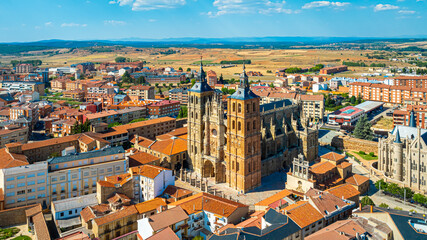 Obraz premium Aerial view of Astorga, a town in north Spain, known for Camino de Santiago and medieval Old Town