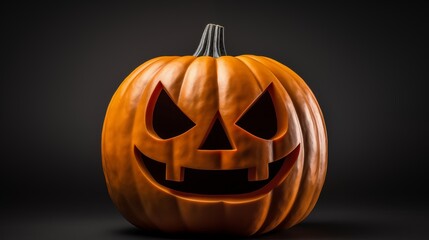 A scary, spooky halloween theme jack o lantern with an evil face against a dark background. 