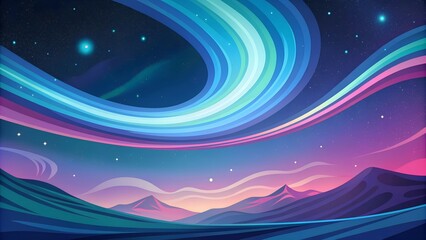 A iridescent neon hues swirling across the sky-like canvas, Stars twinkle in the background