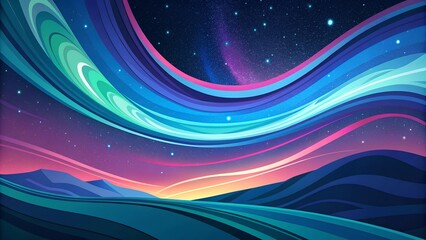 A iridescent neon hues swirling across the sky-like canvas, Stars twinkle in the background