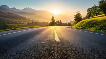 Asphalt Road Leading Towards Sunrise in a Mountainous Landscape