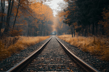 Fototapeta premium railroad going off into the distance in the middle of an autumn forest, a mysterious atmosphere.