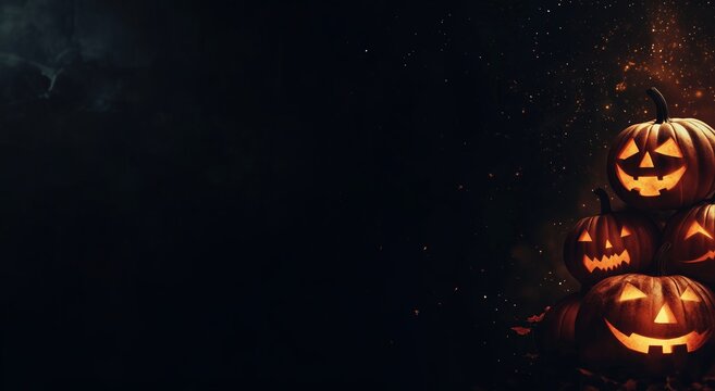 A long, narrow, wide Halloween theme banner with scary jack o lantern pumpkins on a black background. Room for text, suitable for a web banner or header, copy space.