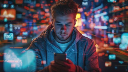 man using cell phone and applications and connectors come out. innovation concept