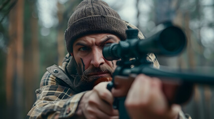 Fototapeta premium Hunter with a gun, aiming at a target during a hunt.