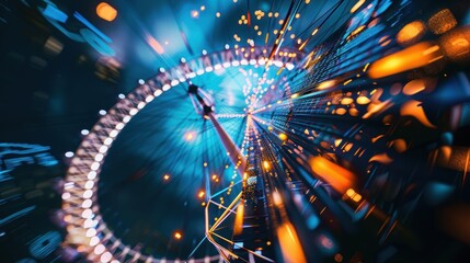 Nighttime ferris wheel creating artistic light trails against a blurred background
