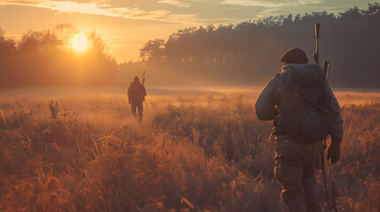 Hunters with equipment moving through a field towards a forest at sunset during hunting season.