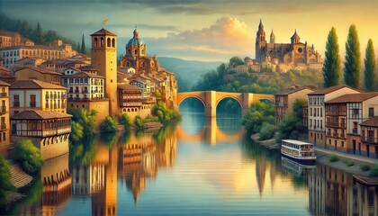Fototapeta premium A Spanish riverside town at dawn, with calm river, stone bridge. grand cathedral and towers