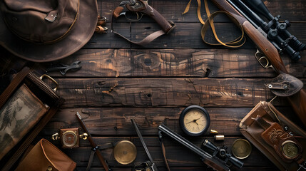Hunting equipment on a wooden background.