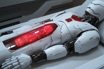 Robotic hand holding a glowing red vial lying on a reflective metallic surface merging the themes of technology medicine and futuristic aesthetics in a highly detailed and precise representation.