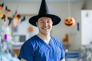 Portrait of young male nurse in blue scrubs and wearing a witch hat standing at a hospital with halloween jack-o'-lanterns decorations in the background.