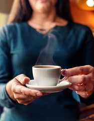 Close-up of hands holding a steaming espresso cup focused on the cup with a blurred background