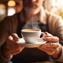 Close-up of hands holding a steaming coffee cup focused on the cup with a blurred background