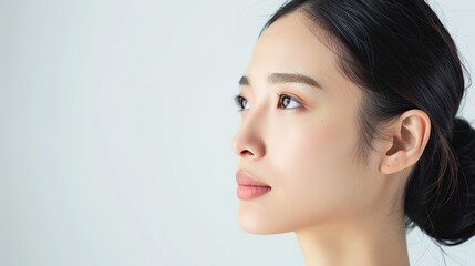 Fototapeta premium photograph of Side view of Beautiful young asian woman with clean fresh skin on white background realistic daylight --ar 16:9 --v 6 Job ID: f43d95e0-60e0-4c41-8144-93d748e2b91b