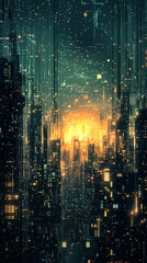 Fototapeta premium A banner with a digital cityscape silhouette and pixelated elements, evoking a sense of innovation and technology, with room for text and copy space