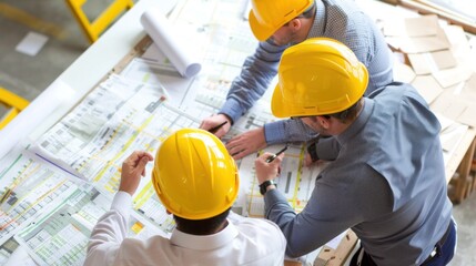 Generate a photo realistic image of a construction project team discussing strategies for expense management, with detailed financial charts and management plans