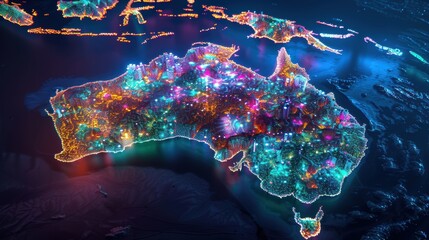 Glowing australia map depicting digital network, technology, and communication using light lines and dots