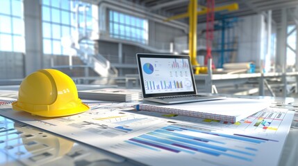 Generate a photo realistic image of a construction project team evaluating financial performance, with detailed budgeting charts and performance reports; ensure the image is of high resolution 