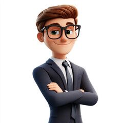 3D cartoon, A smiling young man in glasses is depicted, wearing an elegant suit and tie with his arms crossed in a pose. on a white background