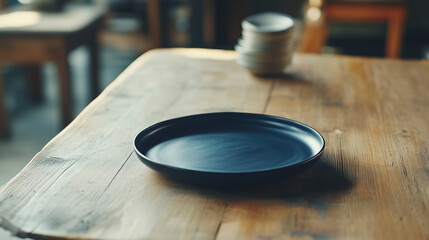 Fototapeta premium 木製テーブルの上に乗った濃い青色の大皿和食器をリアルに描いたAI生成画像