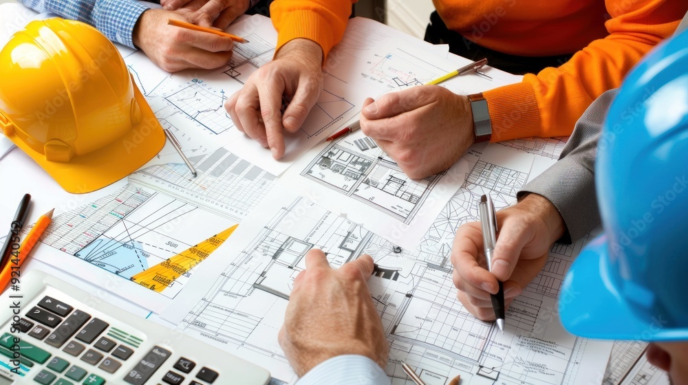 Wall mural generate a photo realistic image of a construction project team in a planning session for cost estim