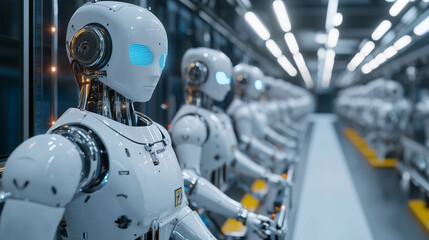 Fototapeta premium 近代的な工場の製造ラインで精密な作業をしているAIロボットをリアルに描いたAI生成画像