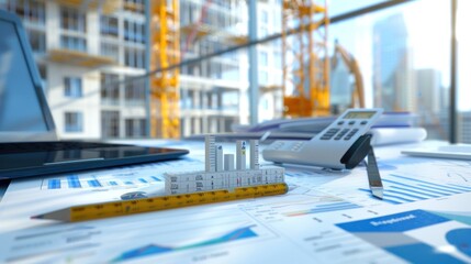 Generate a photo realistic image of a construction project team participating in a workshop on expense management, with detailed financial charts and management strategies