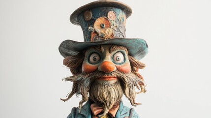 Fototapeta premium A close-up of a whimsical, handcrafted figurine with a large, ornate hat, a long beard, and wide, expressive eyes.