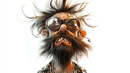 Naklejka premium A digital illustration of a man with a long beard and wild hair, wearing sunglasses, and looking up with a mischievous grin.