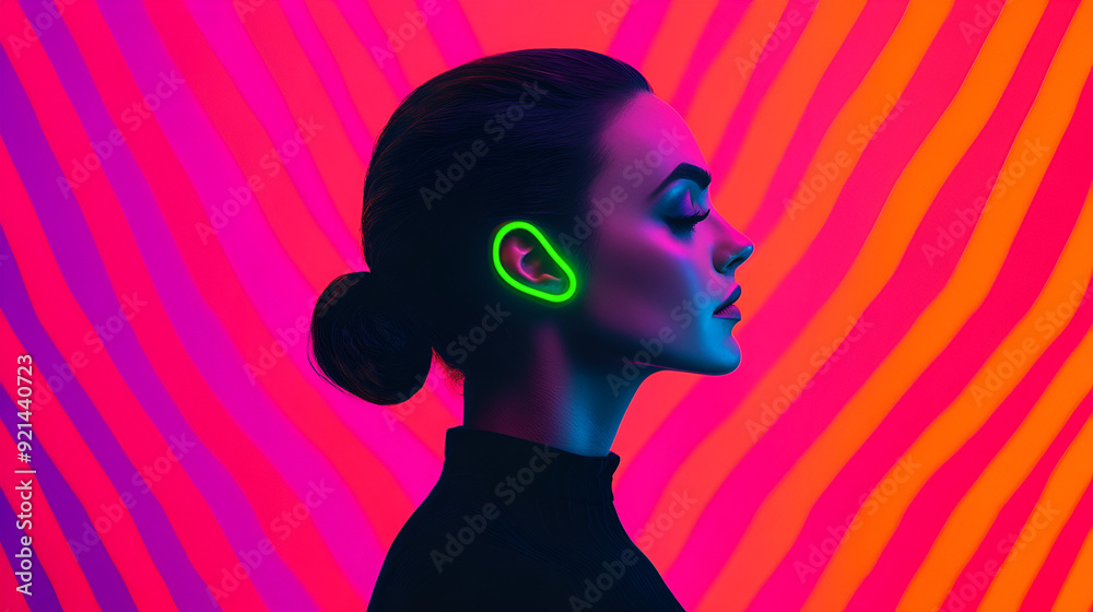 Wall mural Neon Portrait of a Woman with Green Light in Her Ear