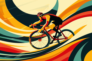 Fototapeta premium Vibrant retro futuristic cyclist racing in bold colors, blending modern and vintage elements