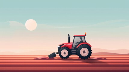 Obraz premium A tractor in an open field, flat design, basic shapes, 2D vector art, light pastel colors