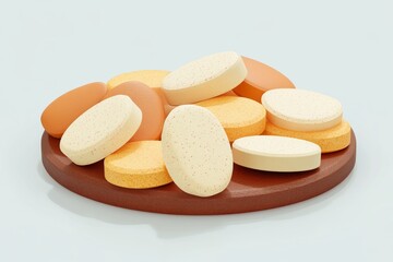 Plate of assorted orange and yellow tablets depicting the variety and daily necessity of dietary supplements