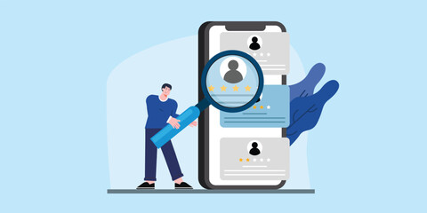 concept illustration of a man looking at contact data with a magnifying glass