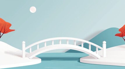 Fototapeta premium A clean, simple bridge above a flowing stream, flat design, basic shapes, 2D vector illustration, light colors