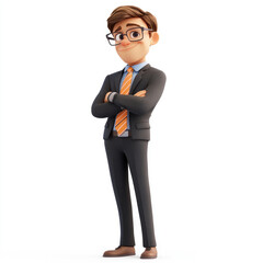 3D cartoon, A smiling young man in glasses is depicted, wearing an elegant suit and tie with his arms crossed in a pose. on a white background