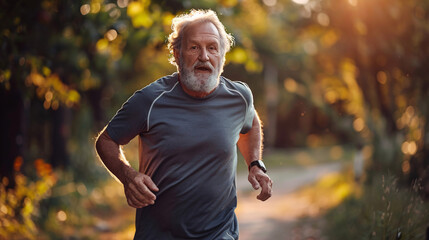 Obraz premium A senior man jogging along a park trail, wearing athletic clothing and looking happy and healthy, with trees lining the path