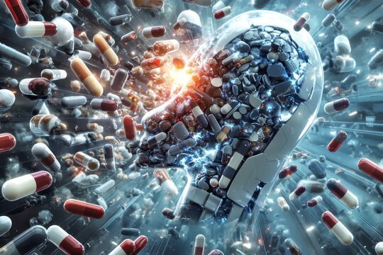 A whirlwind of colorful pills exploding from a digital brain representing the power of medical innovation