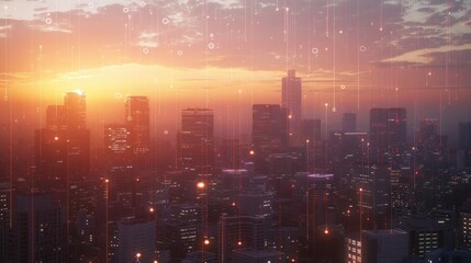 Fototapeta premium Cityscape with Digital Overlay at Sunset