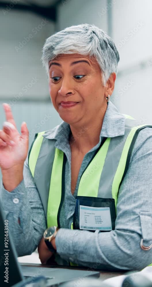 Aufkleber thinking, engineering and woman with laptop in warehouse typing feedback on automation machine. idea