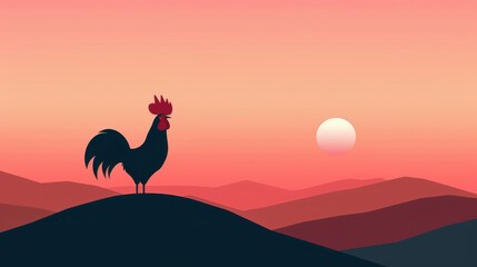 Fototapeta premium A rooster crowing at sunrise, minimalist design, clean lines, 2D vector illustration, simple color palette