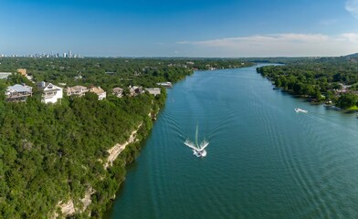 Colorado River with a view to downtown Austin, Texas, United States.
