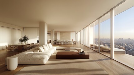 High-end apartment with designer furniture and panoramic window view

