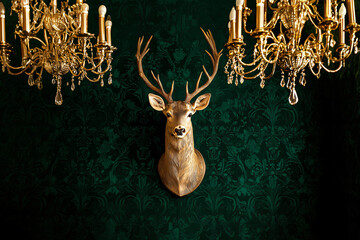 taxidermy deer head mounted on a dark emerald green wall in an opulent baroque-style living room