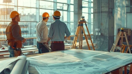 Generate a photo realistic image of a construction project team participating in a workshop on expense allocation, with detailed financial charts and allocation plans